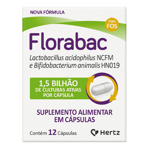 Florabac 12 Cápsulas Alimento Probiótico - Lactobacillus Sabor Sem Sabor
