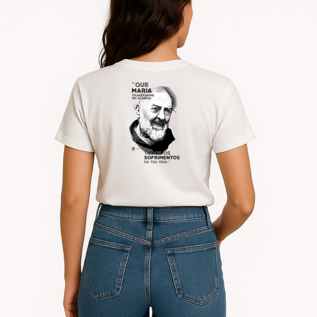 Camiseta Feminina Branca Estampada São Padre Pio