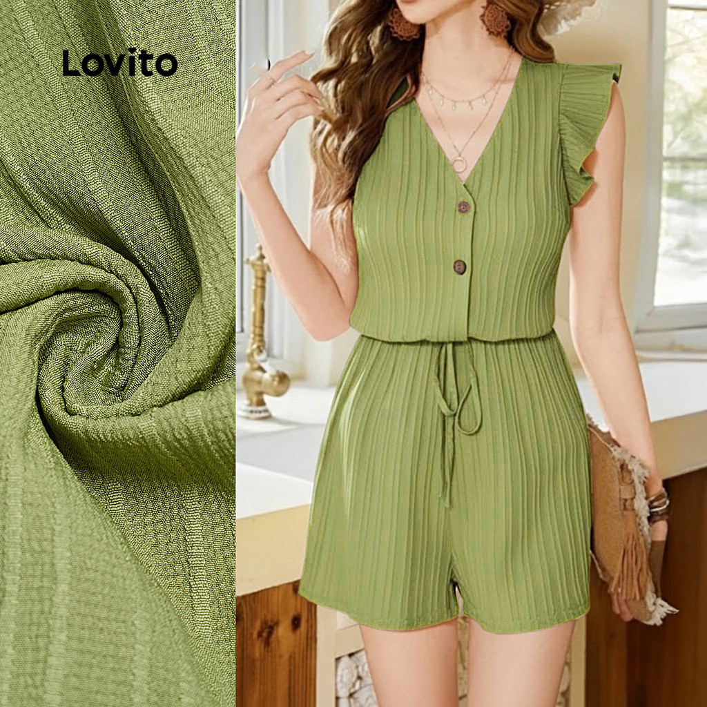 Lovito Macacão Boho Botão Primavera/verão Macacão Verde para Mulheres L164ED033 em Oferta na Shopee