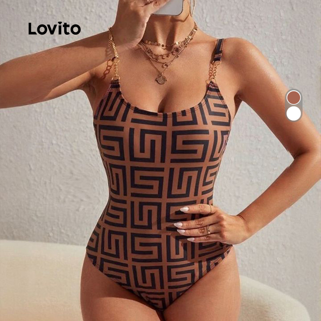 Lovito Fato de Banho de Uma Peça Casual com Fivela Metálica para a Primavera/verão Na Cor marrom LNL126241 em Oferta na Shopee