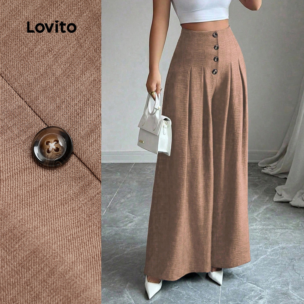 Lovito Calças Casuais com Botões Pregas Primavera/verão Calças Cáqui para mulheres LBL30143