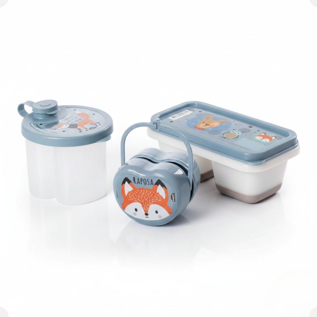 Kit Dosador Leite Pó 3 Compartimentos 300ml Porta Chupeta Alça Porta Papinha Duplo 70ml Azul
