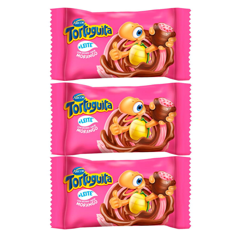 Kit 3 Chocolate Arcor Tortuguita com Recheio Morango 15,5g