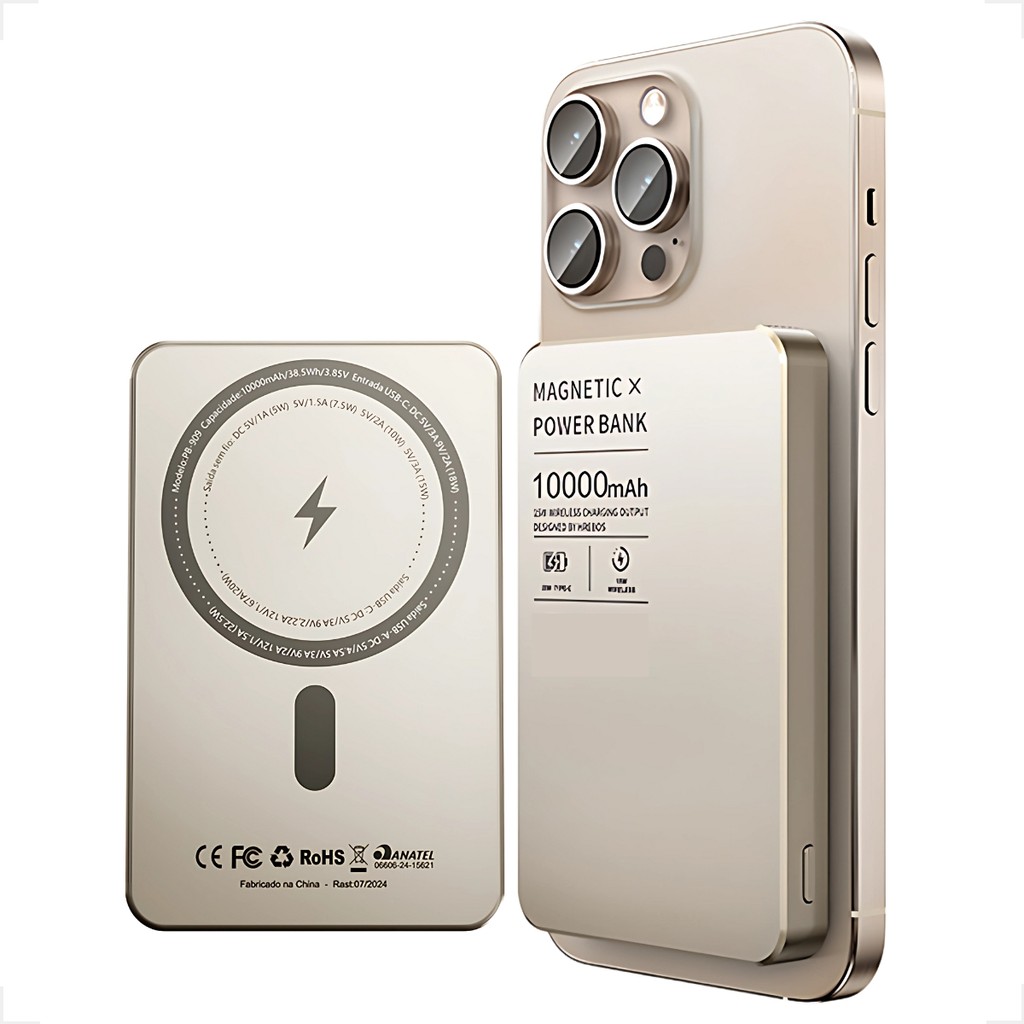 Power Bank Magnético Premium 10000mAh Magsafe Sem Fio Portátil Slim Compatível iPhone 12 13 14 15 USB-C