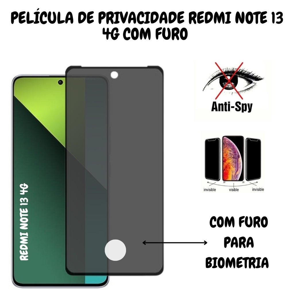 Película de Privacidade Redmi Note 13 4G Com Furo Para Biometria em Oferta na Shopee