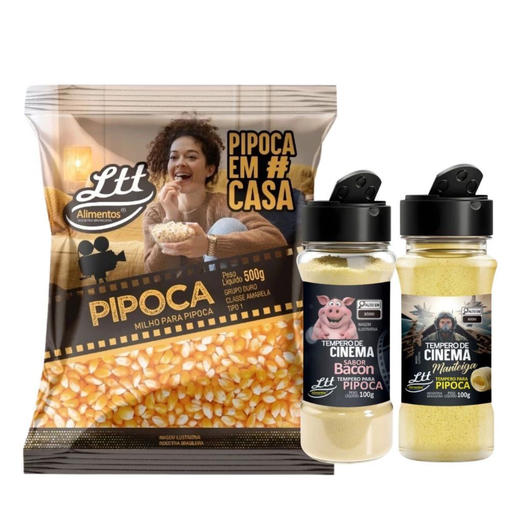 Milho De Pipoca Em Casa 400g + 2 Tempero Sabor Bacon E Manteiga 100g