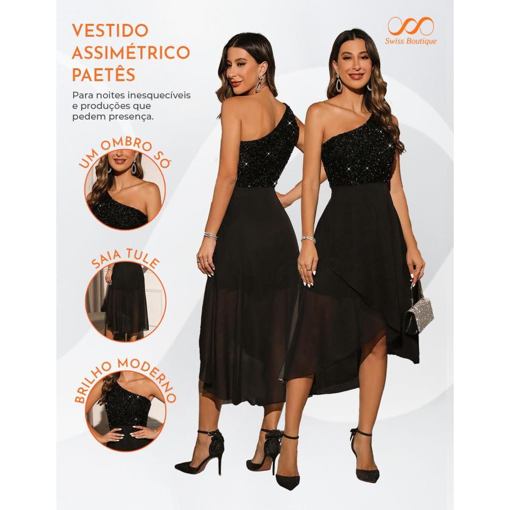 Vestido Feminino Longo Um Ombro Só Tule Brilho Paetê Mula Manca Festa Ano Novo