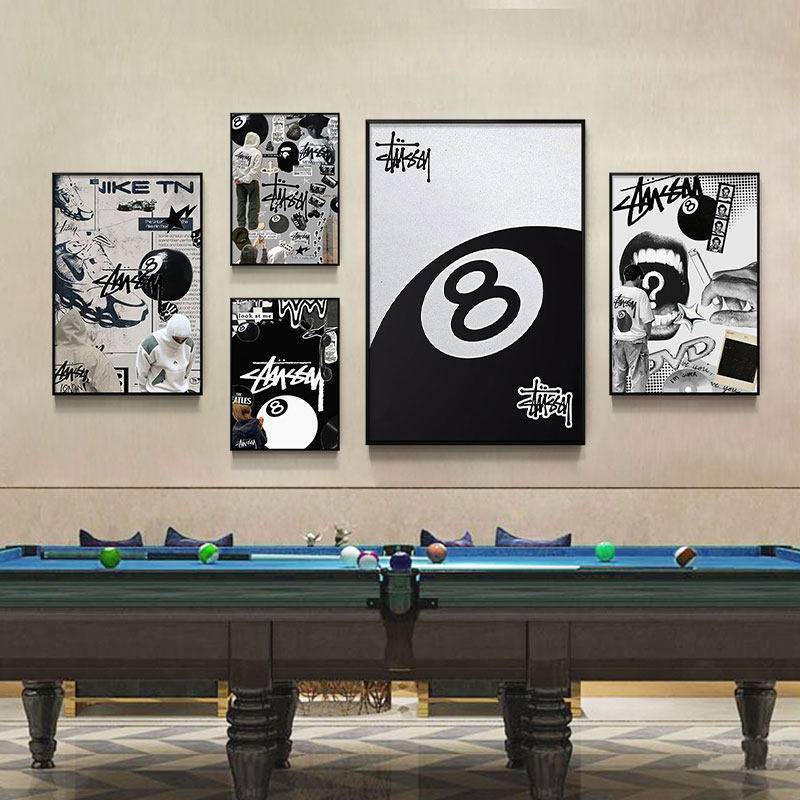 Arte De Parede De Salão De Bilhar De Oito Bolas Pretas , Grafite Criativo , Pintura Em Tela À Prova D'água Sem Moldura M