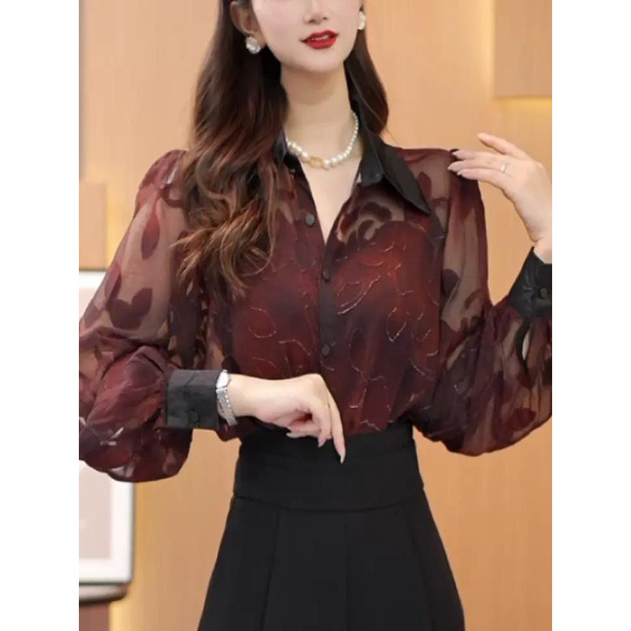 2025 primavera verão novo estilo francês Retro impresso manga comprida protetor solar camisa feminina solta mais magro o