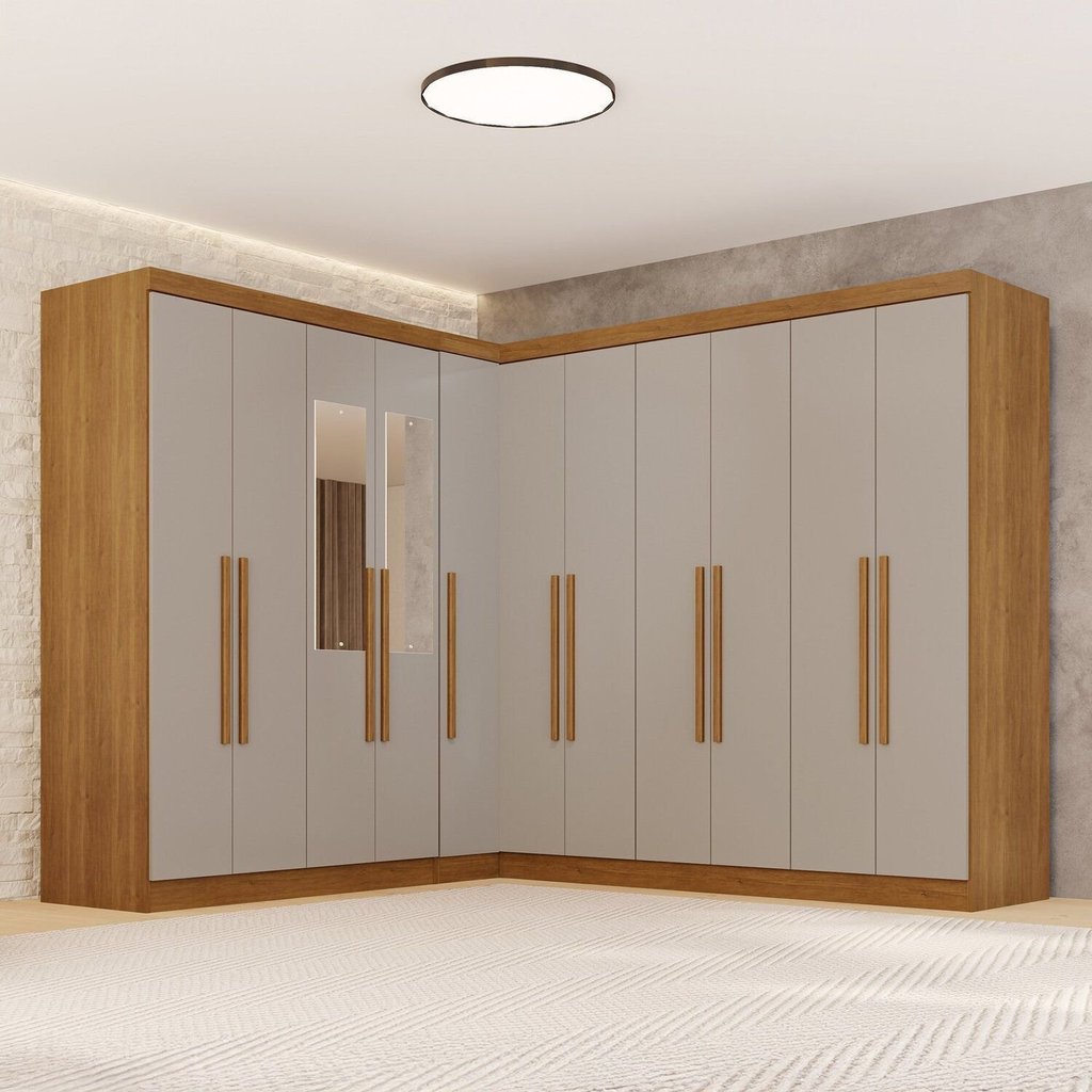 Guarda-Roupa de Canto com Espelho Modulado 11 Portas 4 Gavetas Espanha Bege/Cinamomo/Off-White Cinamomo/Off White