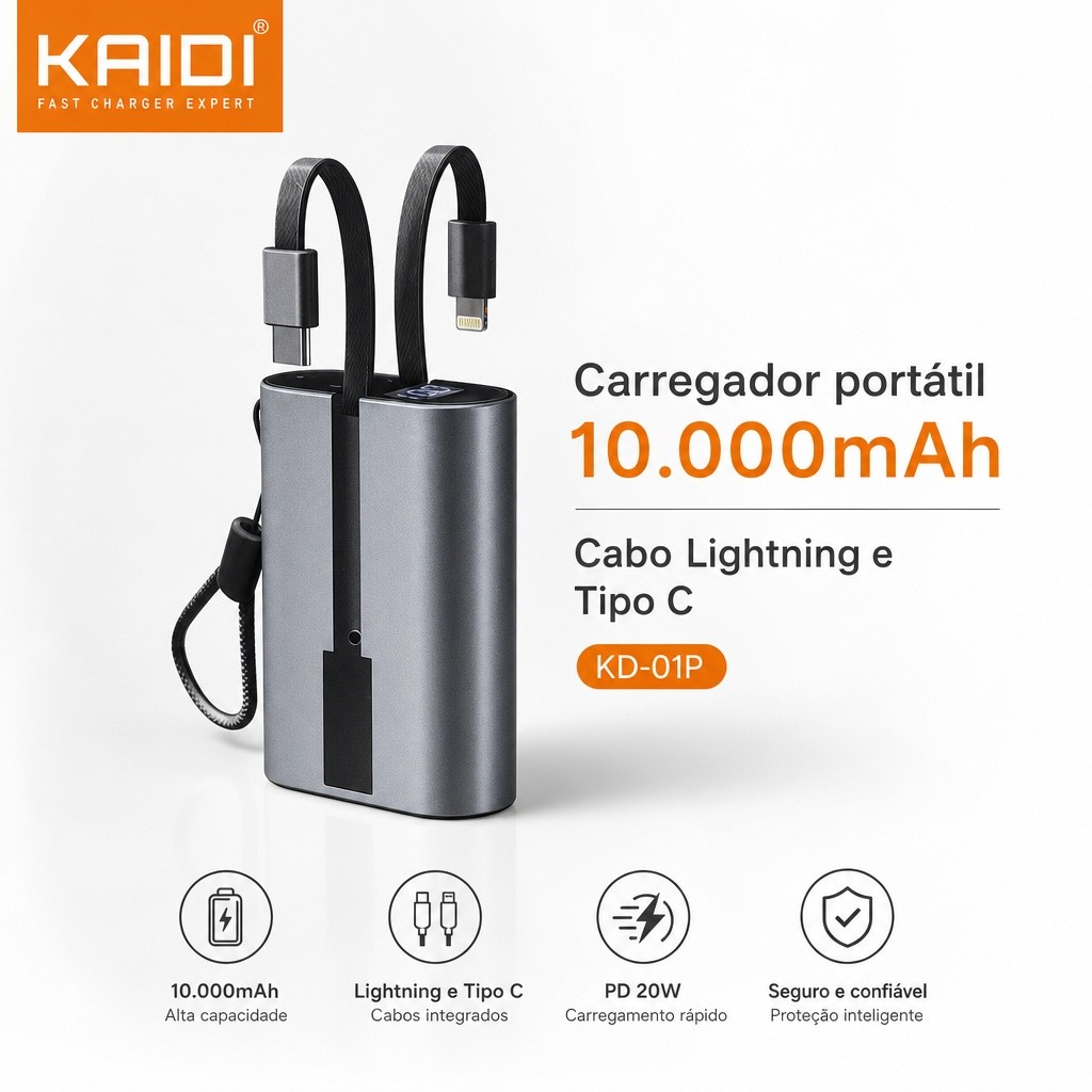 Bateria Portátil Power Bank com 2 cabos embutidos 10.000mAh KAIDI KD-01P