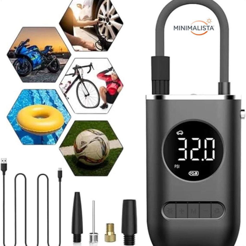 Bomba de Ar Digital Mini Compressor Portátil, Calibrador de Pneus para Carro Moto Bike com Lanterna LED