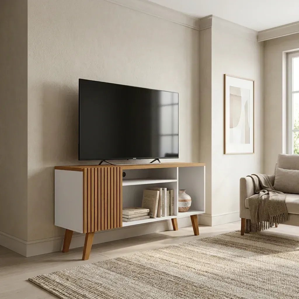 Rack Retrô para TV até 55 Polegadas MDF 115cm Pés em Madeira Maciça Retro 1 Porta Ripada Branco E Amadeirado