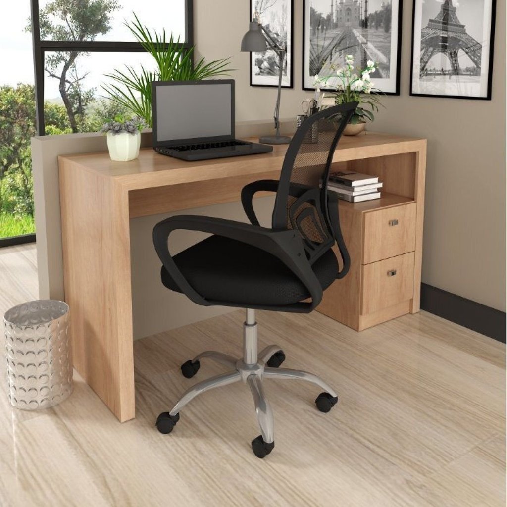 Conjunto 2 Peças com Escrivaninha ME4130 e Cadeira para Escritório Tela Mesh Amêndoa Preto Amêndoa
