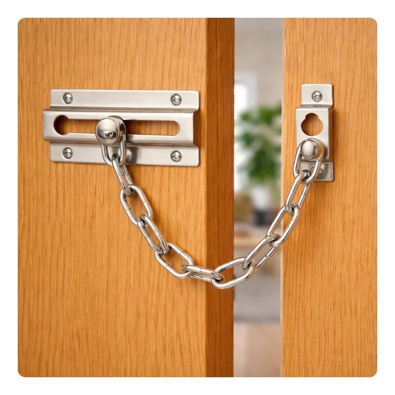 Trava Auxiliar Tipo Pega Ladrão Com Corrente De Segurança Em Aço Inox Resistente, Ideal Para Portas, Portões, Apartament