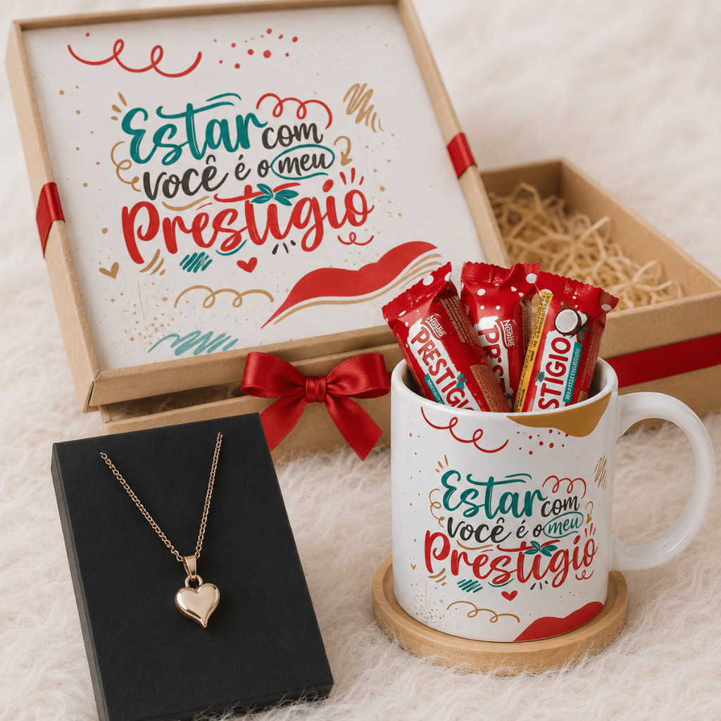 Kit Caixa Presente Caneca + Colar Semijoia + Chocolate Prestígio - Personalizado