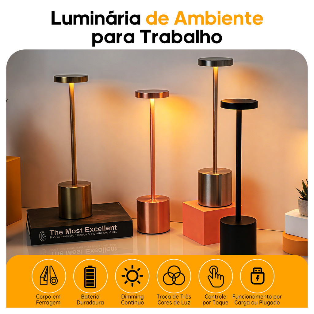 Abajur Luminaria de Mesa LED Sem Fio Touch Recarregavel Moderna Portatil Decorativa Jantar Quarto Hotel Bar