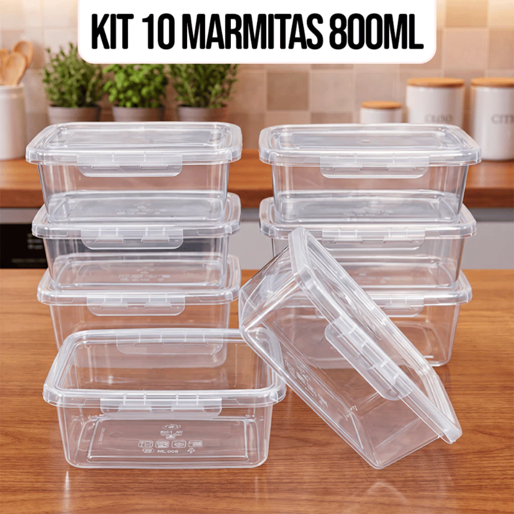 Kit 10 Marmitas Potes 800ml Travas Laterais hermeticas - Livres de BPA Alimentos organiza congelador - KAZIVA — imagem 1