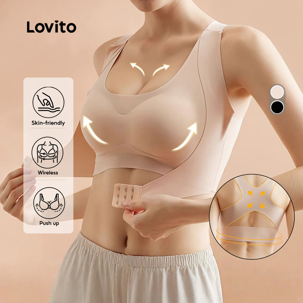 Lovito Bralette Sem Arame Ajustável Anti-Queda Correção de Postura Sem Costura Push Up para Mulheres LNE126109