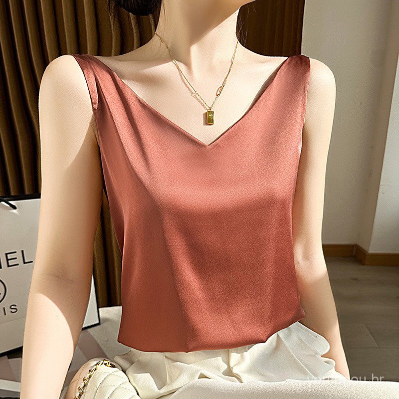 Regata de Seda para Mulheres, Camisa Branca de Verão, Top de Acetato de Seda Imitação de Cetim, Decote em V