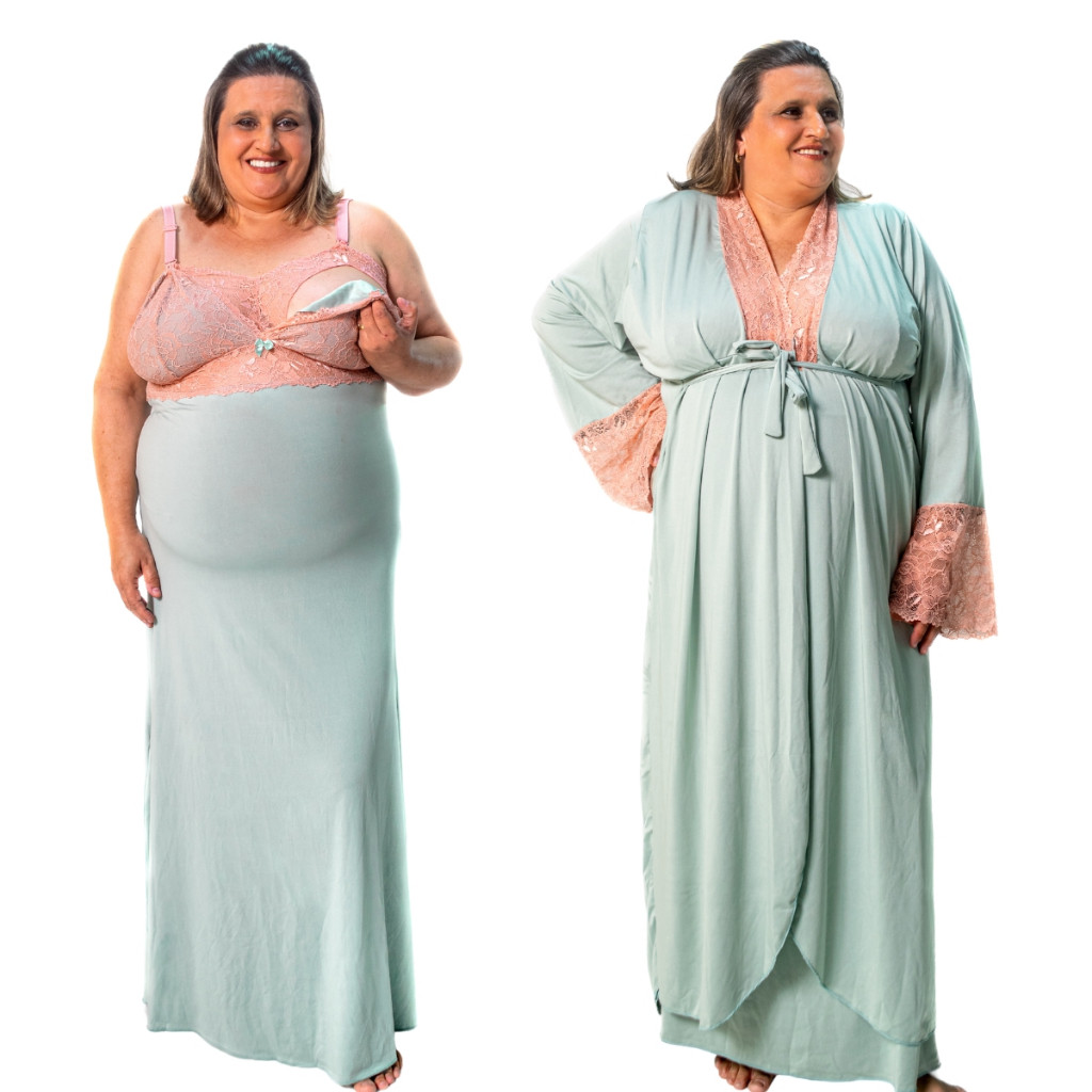 Kit Robe e Camisola Amamentação Longo Plus Size Gestante Pós-Parto Mala Maternidade