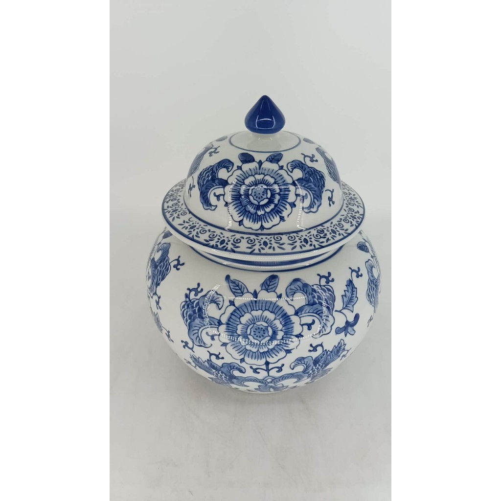 Potiche Decorativo em Porcelana Branco e Azul Floral 29x22cm
