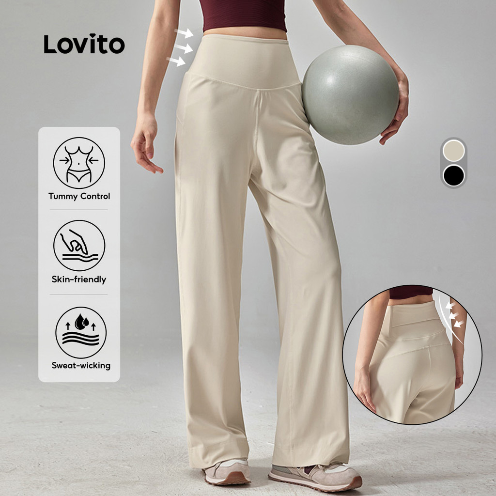 Lovito Calça Esportiva Controle de Abdômen Elevação de Bumbum Calça Feminina Bege com Elastano 4 Vias LNA129040 em Oferta na Shopee
