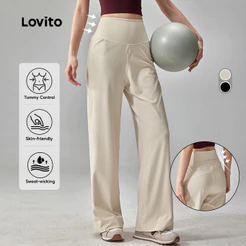 Lovito Cintura Alta Casual Calça Esportiva Controle de Abdômen Elevação de Bumbum Calça Feminina Bege com Elastano 4 Vias LNA129040