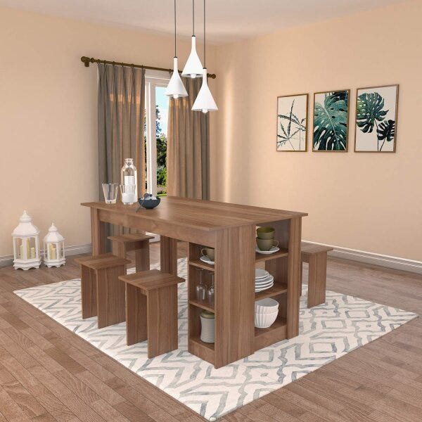 Conjunto Mesa com Nichos e 4 Bancos Montana