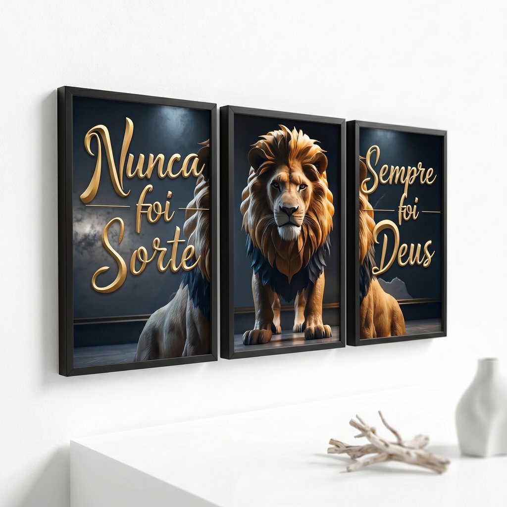 Quadros Decorativo Leão Motivacional Frase Religiosa Nunca Foi Sorte Sempre Foi Deus Sala Quarto