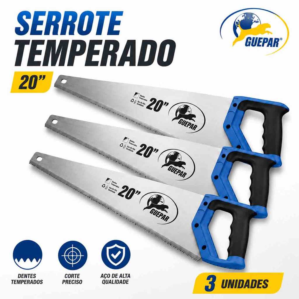3 Serrote Temperado 20 Pol Cabo Anatômico Emborrachado Para Marcenaria Carpintaria Profissional