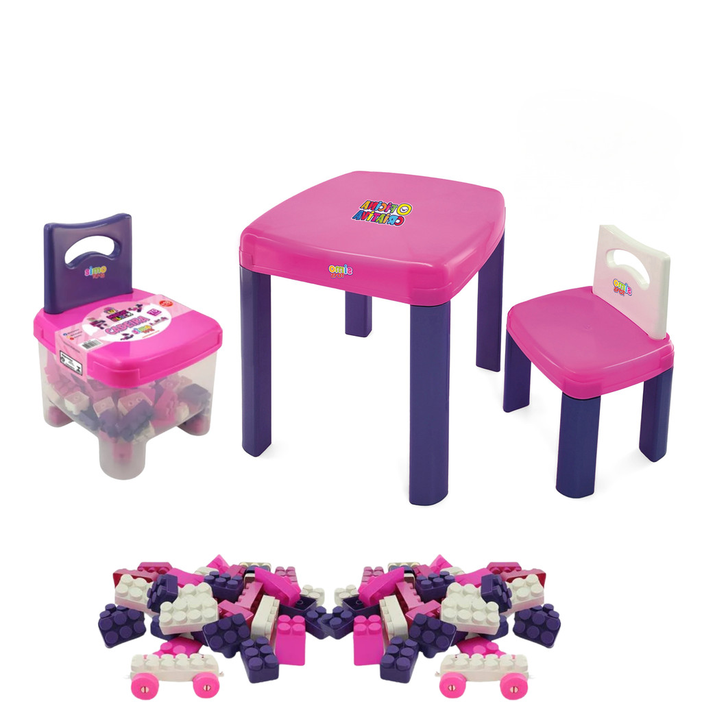 KIT CONJUNTO MESA INFANTIL COM CADEIRA + CADEIRA BAU BLOCOS 50 PEÇAS MENINA SIMO TOYS