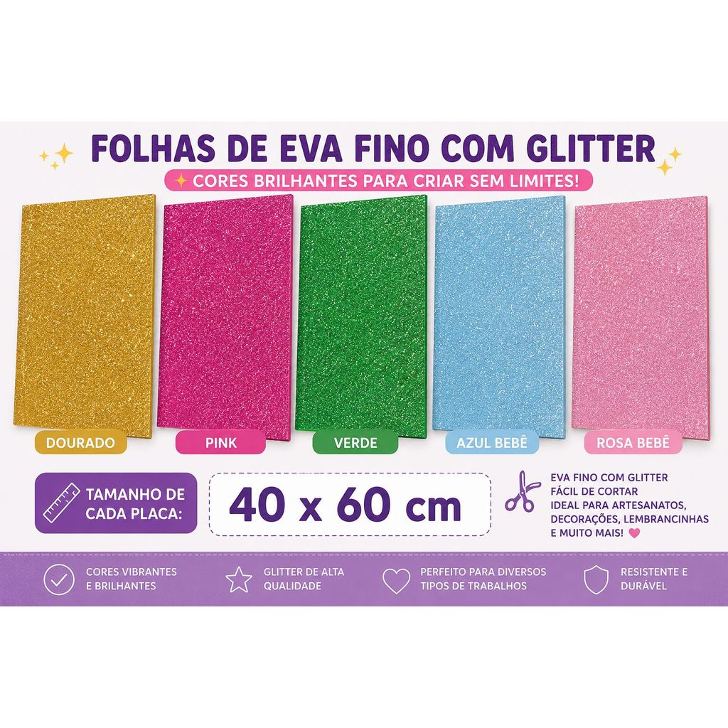 Placas De EVA com Glitter 40x60 - Kit com 5 folhas - Cores Variadas