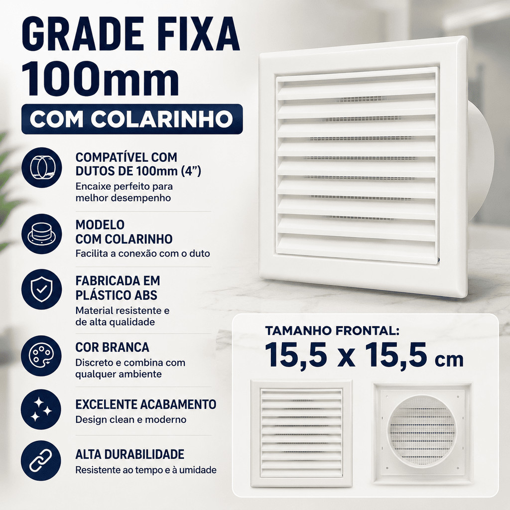Grelha Grade Saída De Ar Fixa Em Plástico Abs Com Tela 100mm