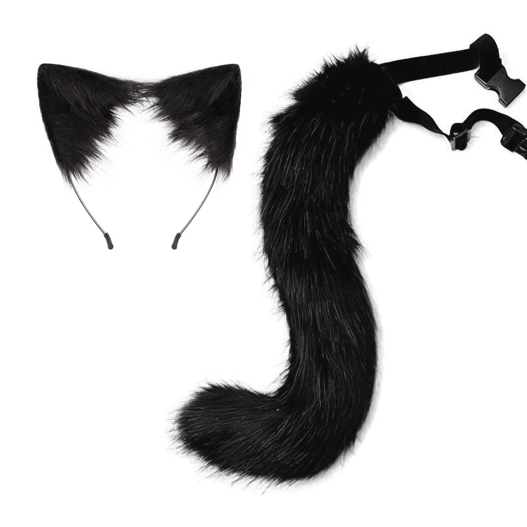 Tiara de orelhas de gato para crianças, cauda de cosplay para homens e mulheres, fantasia de cauda de animal para o Hall