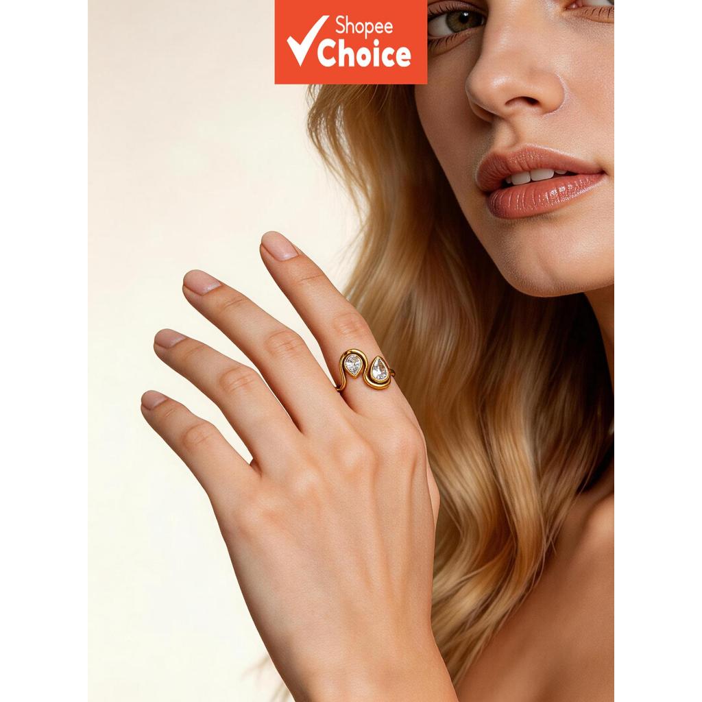 J07 Design Double Teardrop Lab-Growd Diamond Gold Aço Inoxidável Para Anel Oco Moldura Setting Band Presente
