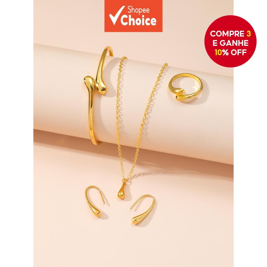 Conjunto De Joias Banhadas A Ouro Feminino Gota D'água – 4 Peças De Anel , Colar , Brincos...