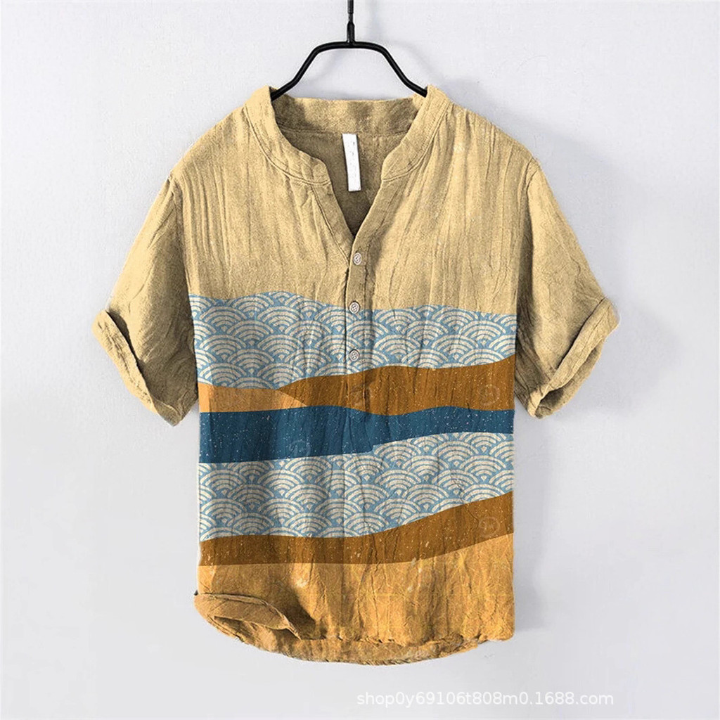 Nova camisa masculina de três seios camisa azul onda praia camisa de linho