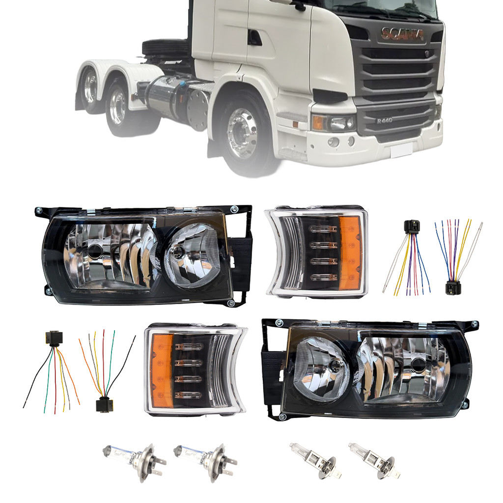 Kit Sc Farol Pisca Seta 100% Led Caminhão Scania S4 S5 Pgr 124 V8 Completo Lampadas e Chicotes