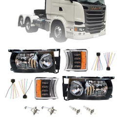 Kit Sc Farol Pisca Seta 100% Led Caminhão Scania S4 S5 Pgr 124 V8 Completo Lampadas e Chicotes