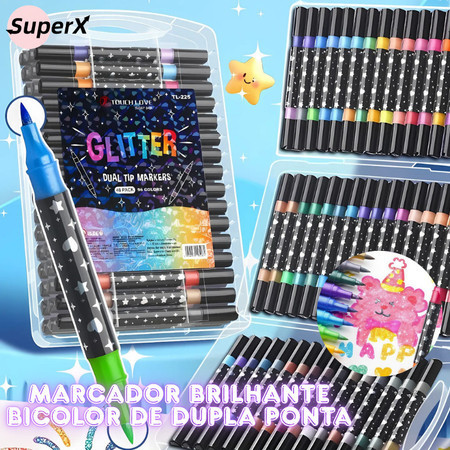 [Dia das Crianças] Marcador metálico 6/12/24/36/48 caneta de glitter de cabeça dupla marcador de cabeça dupla brilhante