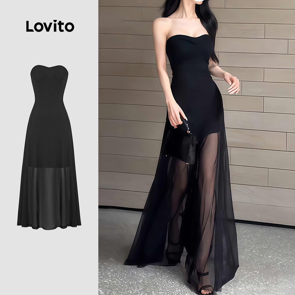 Lovito Vestido Casual de Verão/primavera Vestido Preto para Mulheres L166AD1032