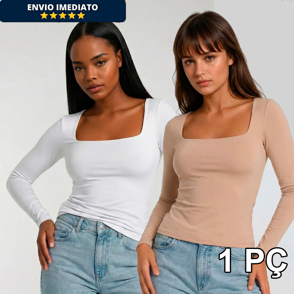 Blusa Manga Feminina Longa Decote Quadrado de Suplex Premium Básica Promoção Blogueira em Oferta na Shopee