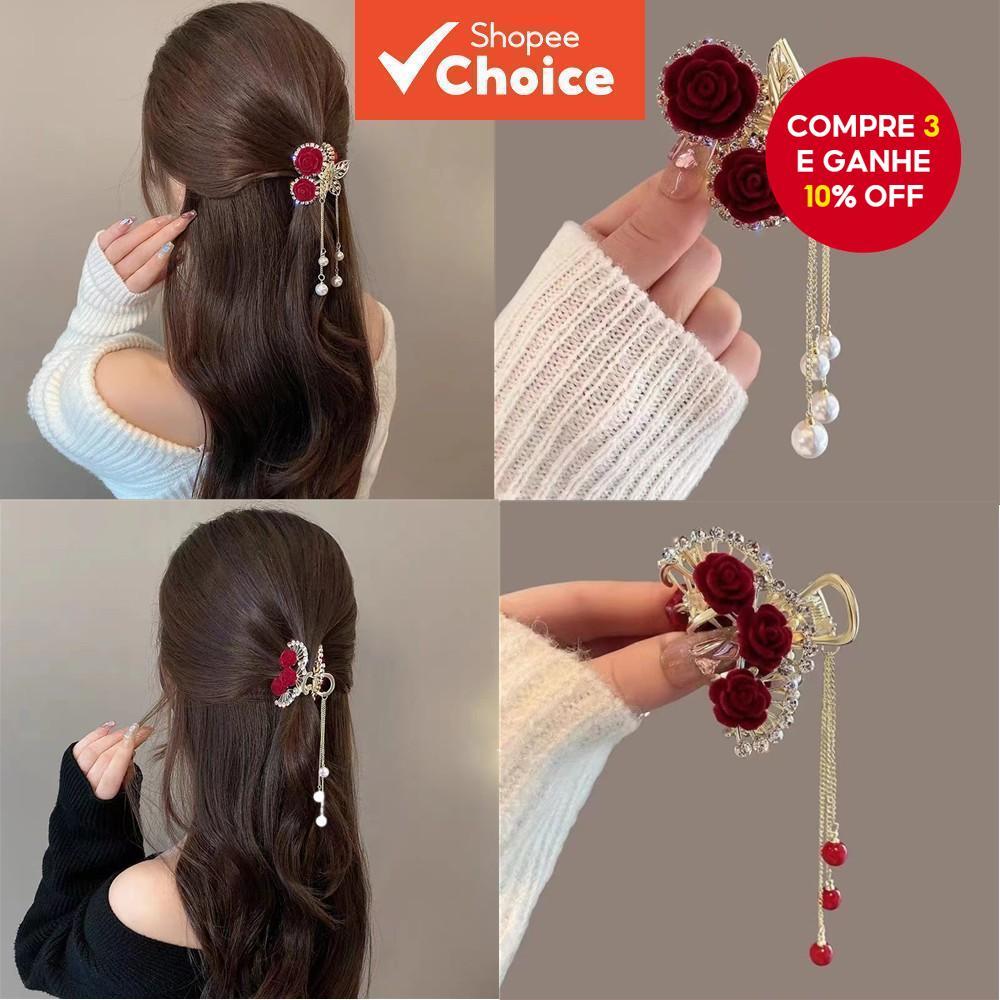 Grampo De Cabelo Coreano – Com Borla De Flor Vermelha Para Mulheres , Estilo Meio Acima Do Festival em Oferta na Shopee