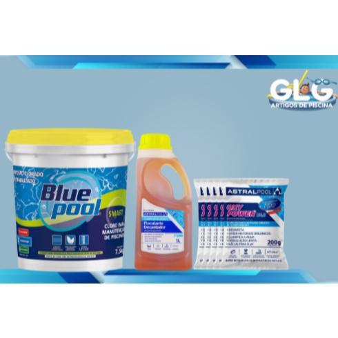 KIT BALDE  CLORO SMART BLUEPOOL 7,5 KG +1CLARIFICANTE ASTRALPOOL 1L + 5 PASTILHAS DE CLORO ORGÂNICO