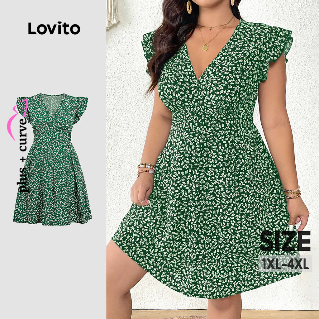 Lovito Vestido Boho com Babados Vestido Verde para Mulheres Primavera/Verão LBL31152 em Oferta na Shopee