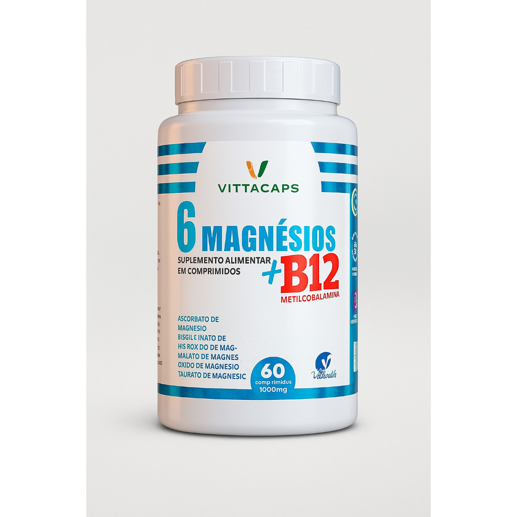 6 MAGNÉSIOS + B12 METILCOBALAMINA AGORA EM 1 SÓ POTE | 60 CÁPSULAS 5OOmg O MAIS COMPLETO