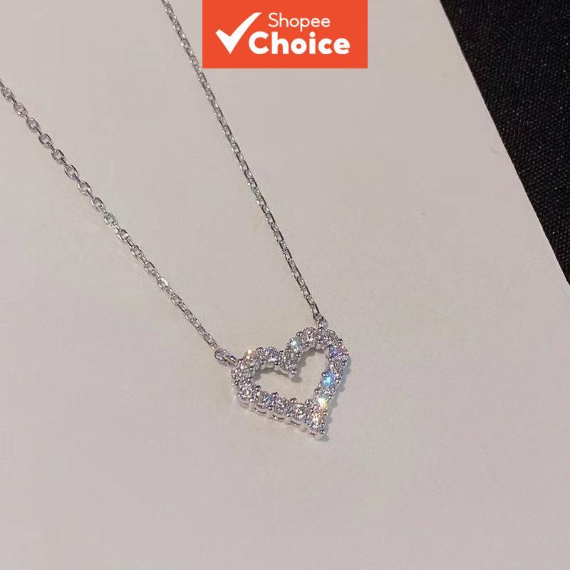 Novo Colar De Cristal De Coração Doce Para Mulheres Oco Minimalista Corrente De Aço Inoxidável