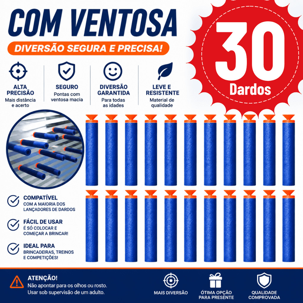 Kit 30 Refil de Dardos Com Ventosa Espuma Munição Recarga Refil Gruda Cola Vidro Nerf Balas Lançador
