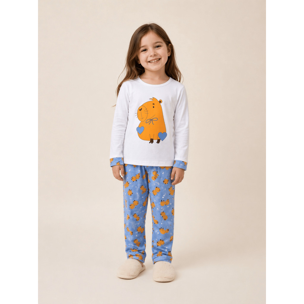 Pijama Feminino Infantil Inverno Conjunto Longo Estampado Fofo Capivara Panda Gato Vaca Confortável